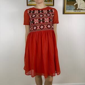 ZARA RED ORANGE MESH MINI BOHO EMBROIDERED DRESS SIZE MEDIUM